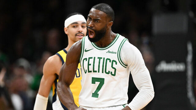 BOSTON, MASSACHUSETTS - DECEMBER 22: Jaylen Brown #7 of the Boston Celtics reacts after making a three-point basket against the Indiana Pacers during the second half at the TD Garden on December 22, 2025 in Boston, Massachusetts.