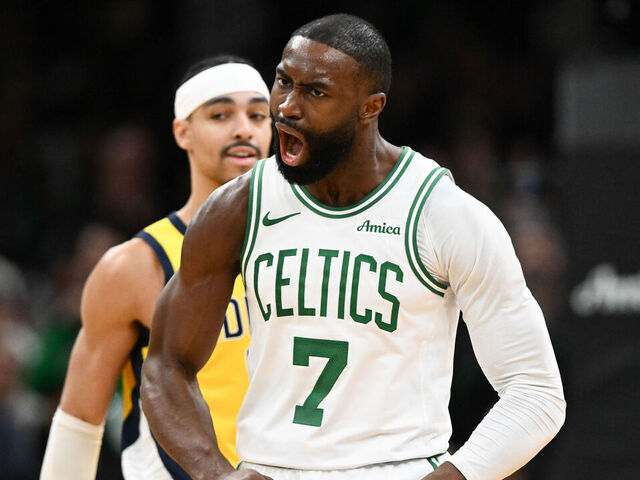 BOSTON, MASSACHUSETTS - DECEMBER 22: Jaylen Brown #7 of the Boston Celtics reacts after making a three-point basket against the Indiana Pacers during the second half at the TD Garden on December 22, 2025 in Boston, Massachusetts.