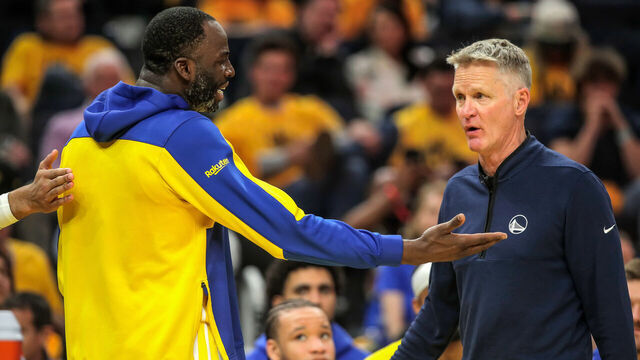 Draymond Green (23) talks with Steve Kerr after he fouled out in the second half as the Golden State Warriors played the Minnesota Timberwolves in Game 3 of the Conference Semifinals of the NBA Playoffs at Chase Center in San Francisco., on Saturday, May 10, 2025.