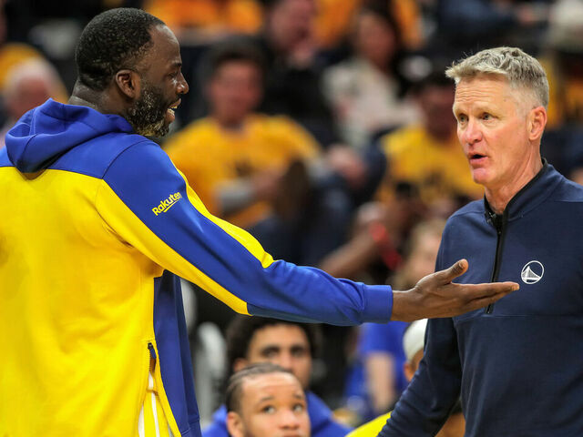 Draymond Green (23) talks with Steve Kerr after he fouled out in the second half as the Golden State Warriors played the Minnesota Timberwolves in Game 3 of the Conference Semifinals of the NBA Playoffs at Chase Center in San Francisco., on Saturday, May 10, 2025.