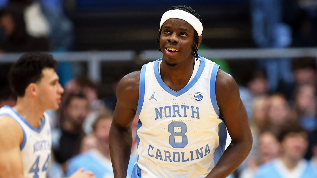 CHAPEL HILL, NC - DECEMBER 07: North Carolina Tar Heels forward Caleb Wilson (8) looks on during a college basketball game between the North Carolina Tar Heels and the Georgetown Hoyas on December 7, 2025, at Dean Smith Center in Chapel Hill, North Carolina.