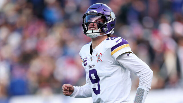 EAST RUTHERFORD, NEW JERSEY - DECEMBER 21: J.J. McCarthy #9 of the Minnesota Vikings reacts as he walks off the field in the second quarter against the New York Giants at MetLife Stadium on December 21, 2025 in East Rutherford, New Jersey.