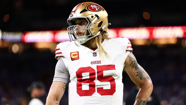 INDIANAPOLIS, INDIANA - DECEMBER 22: George Kittle #85 of the San Francisco 49ers warms up prior to the game against the Indianapolis Colts at Lucas Oil Stadium on December 22, 2025 in Indianapolis, Indiana.