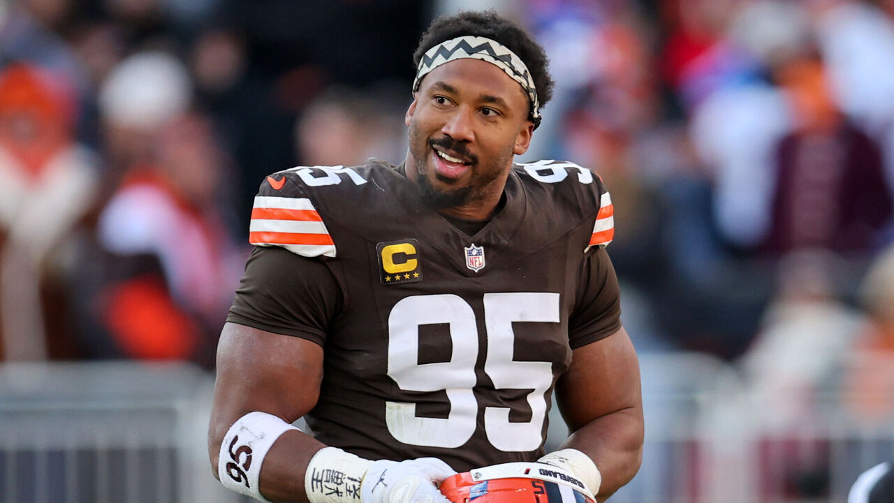 CLEVELAND, OH - DECEMBER 21: Cleveland Browns defensive end Myles Garrett (95) reacts after losing his helmet on a play during the fourth quarter of the National Football League game between the Buffalo Bills and Cleveland Browns on December 21, 2025, at Huntington Bank Field in Cleveland, OH.