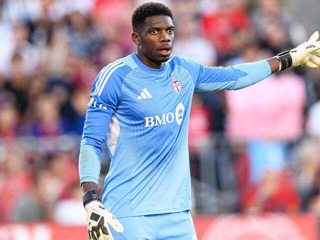 TORONTO, ON - SEPTEMBER 27: Toronto FC goalkeeper Sean Johnson (1) reacts during the MLS regular season game between Inter Miami CF and Toronto FC on September 27, 2025, at BMO Field in Toronto, ON, Canada.