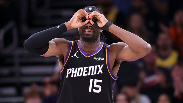PHOENIX, ARIZONA - DECEMBER 23: Mark Williams #15 of the Phoenix Suns celebrates after dunking the ball during the first half against the Los Angeles Lakers at Mortgage Matchup Center on December 23, 2025 in Phoenix, Arizona.