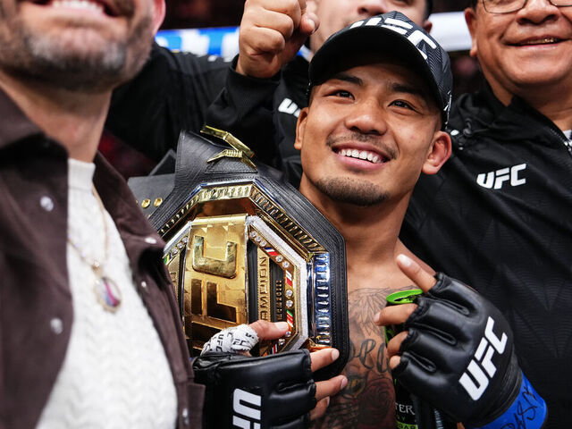 LAS VEGAS, NEVADA - DECEMBER 06:Joshua Van of Myanmar reacts to his TKO win in the UFC flyweight championship fight during the UFC 323 event at T-Mobile Arena on December 06, 2025 in Las Vegas, Nevada.