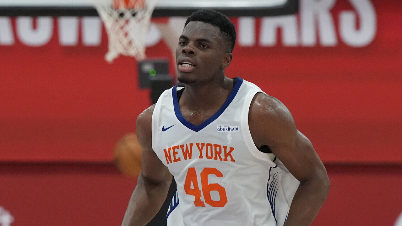 LAS VEGAS, NV - JULY 19: James Nnaji #46 of the New York Knicks looks on during the game against the Washington Wizards during the 2025 NBA Summer League game on July 19, 2025 at the Pavilion in Las Vegas, Nevada. Mandatory Copyright Notice: Copyright 2025 NBAE