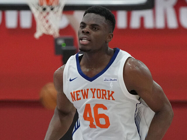 LAS VEGAS, NV - JULY 19: James Nnaji #46 of the New York Knicks looks on during the game against the Washington Wizards during the 2025 NBA Summer League game on July 19, 2025 at the Pavilion in Las Vegas, Nevada. Mandatory Copyright Notice: Copyright 2025 NBAE