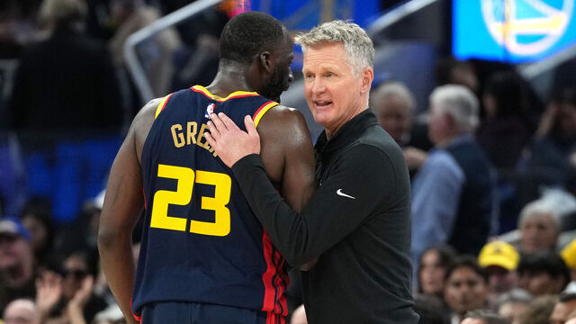 SAN FRANCISCO, CALIFORNIA - MARCH 13: Head coach Steve Kerr of the Golden State Warriors talks with his player Draymond Green #23 during a break in the action against the Sacramento Kings in the fourth quarter at Chase Center on March 13, 2025 in San Francisco, California.