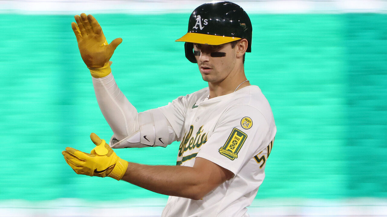 SACRAMENTO, CALIFORNIA - SEPTEMBER 26: Tyler Soderstrom #21 of the Athletics reacts after hitting a double during the bottom of the first inning against the Kansas City Royals at Sutter Health Park on September 26, 2025 in Sacramento, California.