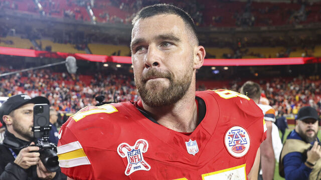 KANSAS CITY, MO - DECEMBER 25: Kansas City Chiefs tight end Travis Kelce (87) on the field after a Christmas Day NFL game between the Denver Broncos and Kansas City Chiefs on December 25, 2025 at GEHA Field at Arrowhead Stadium in Kansas City, MO.