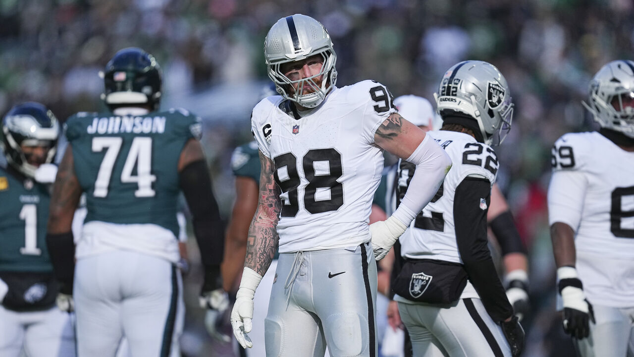 PHILADELPHIA, PENNSYLVANIA - DECEMBER 14: Maxx Crosby #98 of the Las Vegas Raiders looks on against the Philadelphia Eagles at Lincoln Financial Field on December 14, 2025 in Philadelphia, United States.