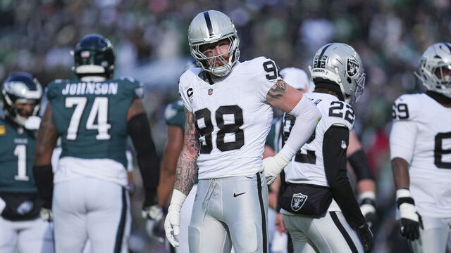 PHILADELPHIA, PENNSYLVANIA - DECEMBER 14: Maxx Crosby #98 of the Las Vegas Raiders looks on against the Philadelphia Eagles at Lincoln Financial Field on December 14, 2025 in Philadelphia, United States.