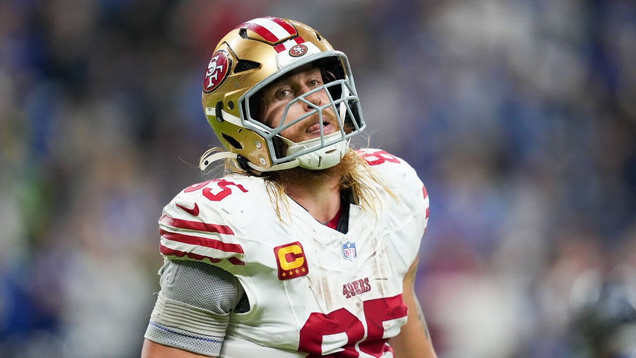 INDIANAPOLIS, INDIANA - DECEMBER 22: George Kittle #85 of the San Francisco 49ers walks across the field in the third quarter against the Indianapolis Colts at Lucas Oil Stadium on December 22, 2025 in Indianapolis, Indiana.
