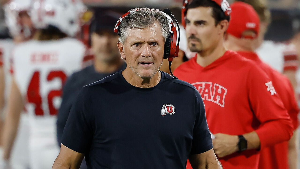 TEMPE, AZ - OCTOBER 11: Utah Utes head coach Kyle Whittingham looks on during the college football game between the Utah Utes and the Arizona State Sun Devils on October 11, 2024 at Mountain America Stadium in Tempe, Arizona.