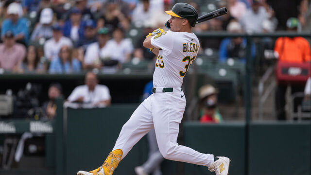 SACRAMENTO, CALIFORNIA - SEPTEMBER 28: JJ Bleday #33 of the Athletics bats in the bottom of the fifth inning against the Kansas City Royals at Sutter Health Park on September 28, 2025 in Sacramento, California.