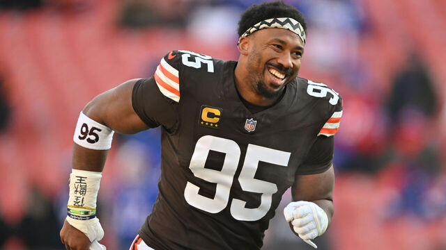 CLEVELAND, OHIO - DECEMBER 21: Myles Garrett #95 of the Cleveland Browns runs on field during warm ups prior to the game against the Buffalo Bills Huntington Bank Field on December 21, 2025 in Cleveland, Ohio.