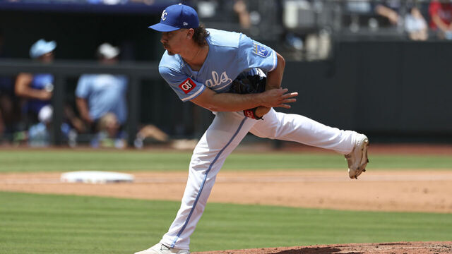 KANSAS CITY, MO - JULY 30: Kansas City Royals Hunter Harvey (56) follows through on a pitch in the sixth inning of an MLB game between the Atlanta Braves and Kansas City Royals on July 30, 2025 at Kauffman Stadium in Kansas City, MO.