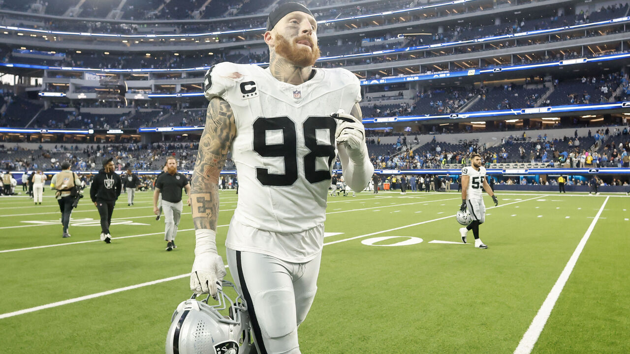 INGLEWOOD, CALIFORNIA - NOVEMBER 30: Maxx Crosby #98 of the Las Vegas Raiders jogs off the field after his team's 31-14 loss against the Los Angeles Chargers at SoFi Stadium on November 30, 2025 in Inglewood, California.