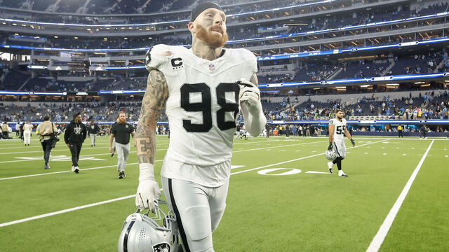 INGLEWOOD, CALIFORNIA - NOVEMBER 30: Maxx Crosby #98 of the Las Vegas Raiders jogs off the field after his team's 31-14 loss against the Los Angeles Chargers at SoFi Stadium on November 30, 2025 in Inglewood, California.