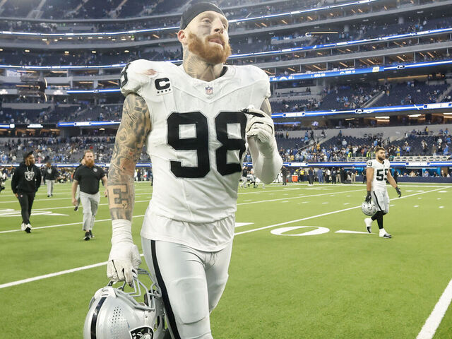 INGLEWOOD, CALIFORNIA - NOVEMBER 30: Maxx Crosby #98 of the Las Vegas Raiders jogs off the field after his team's 31-14 loss against the Los Angeles Chargers at SoFi Stadium on November 30, 2025 in Inglewood, California.
