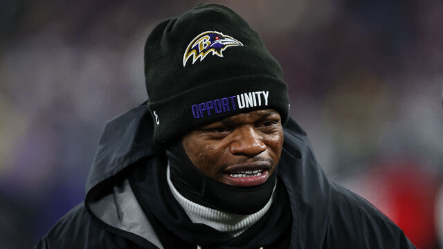 BALTIMORE, MD - DECEMBER 21: Lamar Jackson #8 of the Baltimore Ravens races on the sideline during the second half against the New England Patriots at M&T Bank Stadium on December 21, 2025 in Baltimore, Maryland.