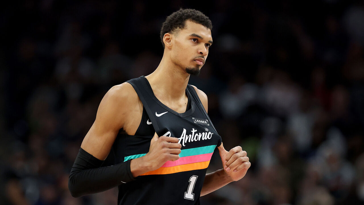 SAN ANTONIO, TEXAS - DECEMBER 23: Victor Wembanyama #1 of the San Antonio Spurs looks on during the game against the Oklahoma City Thunder at Frost Bank Center on December 23, 2025 in San Antonio, Texas.