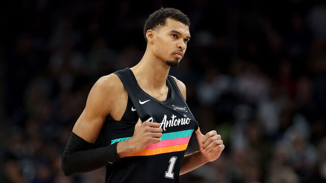 SAN ANTONIO, TEXAS - DECEMBER 23: Victor Wembanyama #1 of the San Antonio Spurs looks on during the game against the Oklahoma City Thunder at Frost Bank Center on December 23, 2025 in San Antonio, Texas.