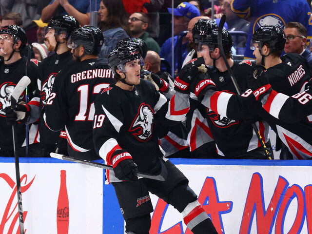 BUFFALO, NEW YORK - DECEMBER 27: Peyton Krebs #19 of the Buffalo Sabres celebrates his second period goal against the Boston Bruins during an NHL game on December 27, 2025 at KeyBank Center in Buffalo, New York.