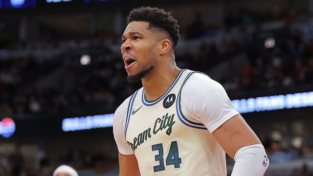 CHICAGO, IL - DECEMBER 27: Giannis Antetokounmpo #34 of the Milwaukee Bucks reacts after a slam dunk during the first half against the Chicago Bulls on December 27, 2025 at the United Center in Chicago, Illinois.