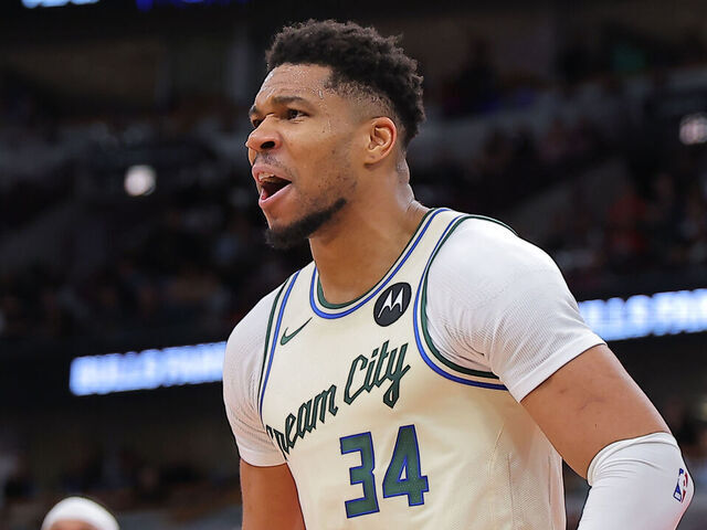 CHICAGO, IL - DECEMBER 27: Giannis Antetokounmpo #34 of the Milwaukee Bucks reacts after a slam dunk during the first half against the Chicago Bulls on December 27, 2025 at the United Center in Chicago, Illinois.