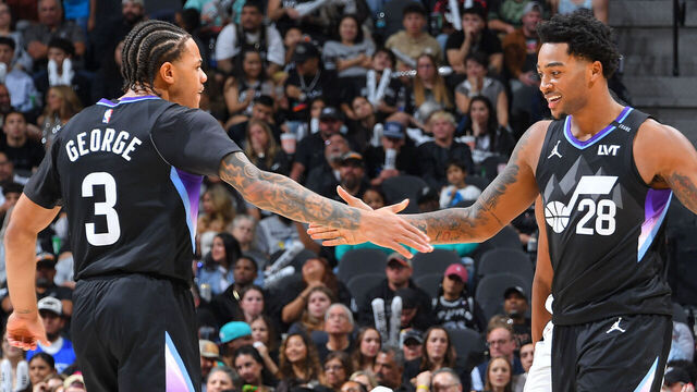 SAN ANTONIO, TX - DECEMBER 27: Keyonte George #3 and Brice Sensabaugh #28 of the Utah Jazz high five during the game against the San Antonio Spurs on December 27, 2025 at the Frost Bank Center in San Antonio, Texas. Mandatory Copyright Notice: Copyright 2025 NBAE (Photos by Michael Gonzales/NBAE via Getty Images)