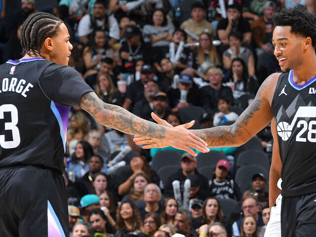 SAN ANTONIO, TX - DECEMBER 27: Keyonte George #3 and Brice Sensabaugh #28 of the Utah Jazz high five during the game against the San Antonio Spurs on December 27, 2025 at the Frost Bank Center in San Antonio, Texas. Mandatory Copyright Notice: Copyright 2025 NBAE (Photos by Michael Gonzales/NBAE via Getty Images)