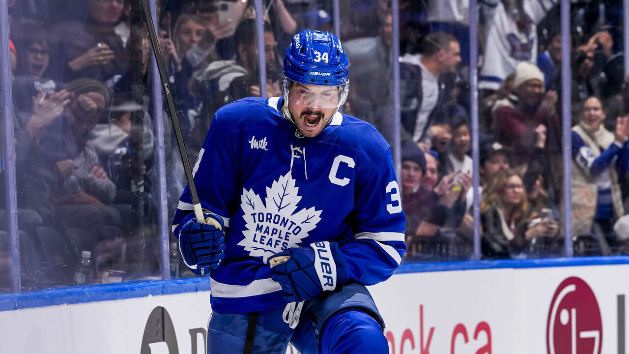 TORONTO, CANADA - DECEMBER 27: Auston Matthews #34 of the Toronto Maple Leafs celebrates after scoring a goal against Linus Ullmark #35 of the Ottawa Senators during the second period at the Scotiabank Arena on December 27, 2025 in Toronto, Ontario, Canada.
