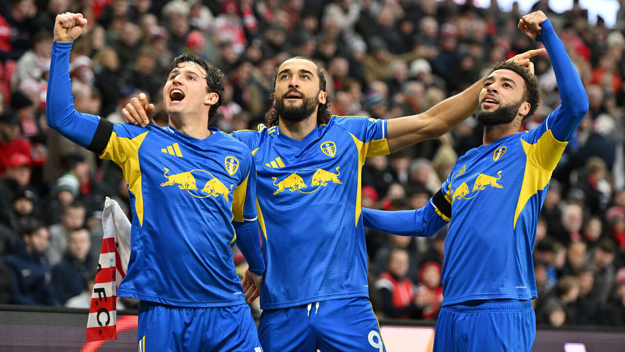 Dominic Calvert-Lewin of Leeds United celebrates with his teammates after scoring to level the score at 1-1 during the Premier League match between Sunderland and Leeds United at the Stadium Of Light in Sunderland, England, on December 28, 2025.