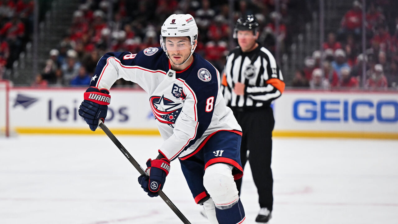 WASHINGTON, D.C. - DECEMBER 07: Zach Werenski #8 of the Columbus Blue Jackets skates against the Washington Capitals on December 07, 2025 at Capital One Arena in Washington, D.C.