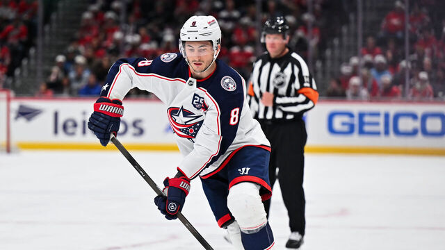 WASHINGTON, D.C. - DECEMBER 07: Zach Werenski #8 of the Columbus Blue Jackets skates against the Washington Capitals on December 07, 2025 at Capital One Arena in Washington, D.C.