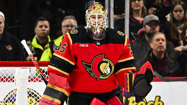 OTTAWA, CANADA - DECEMBER 23: Linus Ullmark #35 of the Ottawa Senators tends net during the second period against the Buffalo Sabres at Canadian Tire Centre on December 23, 2025 in Ottawa, Ontario, Canada. The Buffalo Sabres defeated the Ottawa Senators 3-2 in overtime.