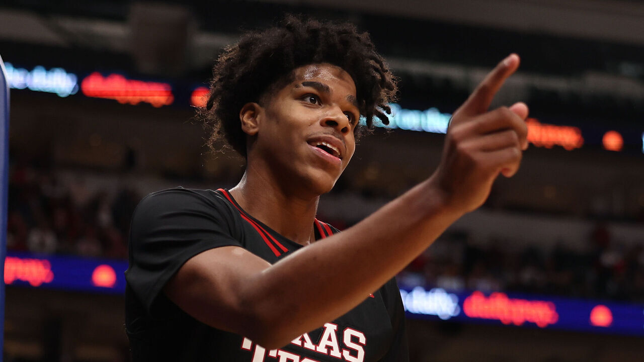 DALLAS, TEXAS - DECEMBER 13: Christian Anderson #4 of the Texas Tech Red Raiders reacts after a score during the second half \A at American Airlines Center on December 13, 2025 in Dallas, Texas.