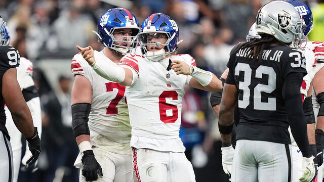 LAS VEGAS, NEVADA - DECEMBER 28: Jaxson Dart #6 of the New York Giants reacts after a first down during the second quarter of the game against the Las Vegas Raiders at Allegiant Stadium on December 28, 2025 in Las Vegas, Nevada.