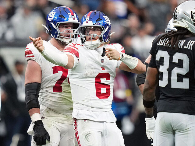 LAS VEGAS, NEVADA - DECEMBER 28: Jaxson Dart #6 of the New York Giants reacts after a first down during the second quarter of the game against the Las Vegas Raiders at Allegiant Stadium on December 28, 2025 in Las Vegas, Nevada.
