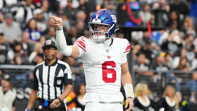 LAS VEGAS, NEVADA - DECEMBER 28: Jaxson Dart #6 of the New York Giants celebrates after scoring a touchdown during the second quarter of the game against the Las Vegas Raiders at Allegiant Stadium on December 28, 2025 in Las Vegas, Nevada.
