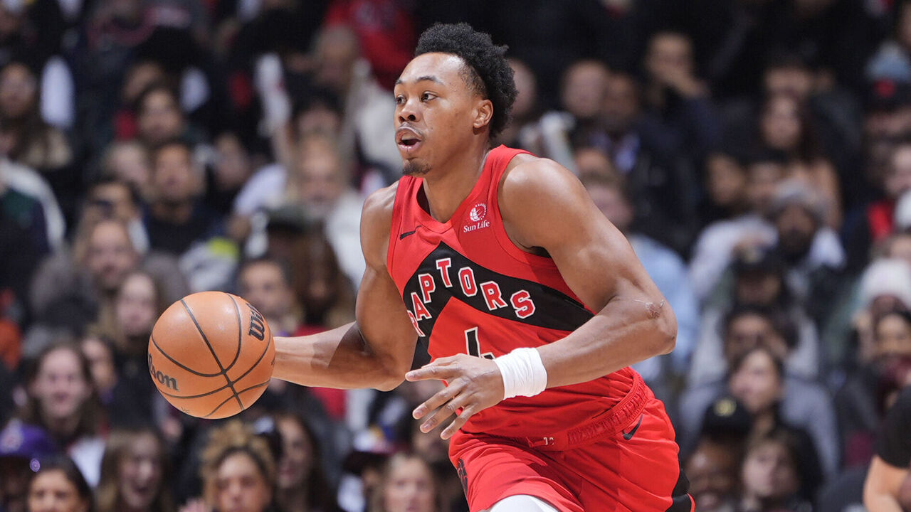 TORONTO, CANADA - DECEMBER 28: Scottie Barnes #4 of the Toronto Raptors dribbles the ball during the game against the Golden State Warriors on December 28, 2025 at the Scotiabank Arena in Toronto, Ontario, Canada. Mandatory Copyright Notice: Copyright 2025 NBAE
