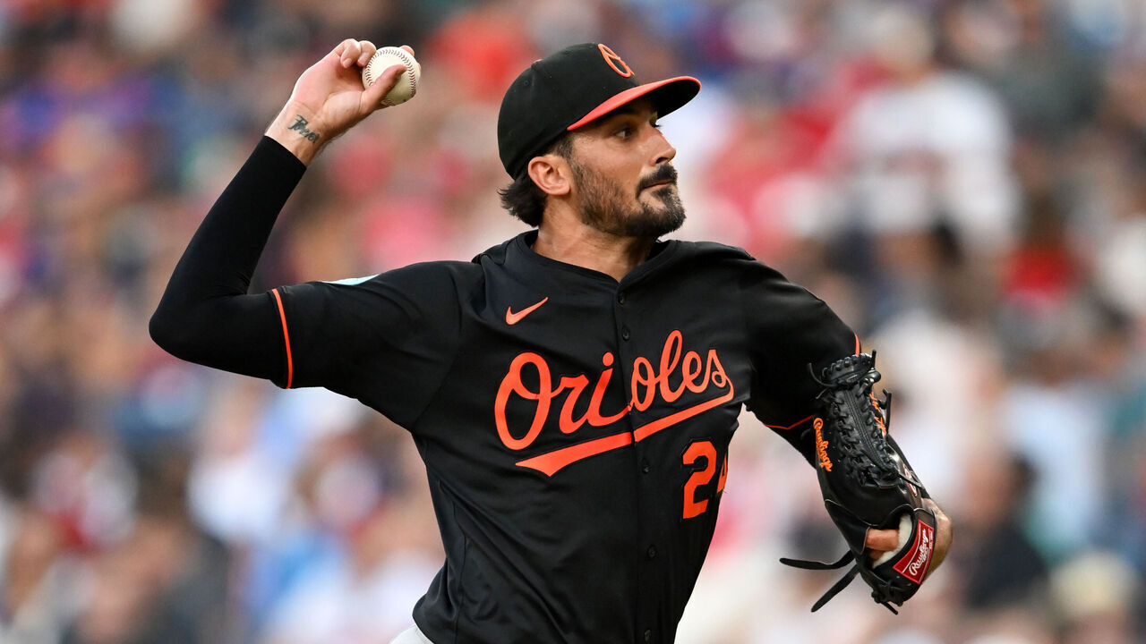 CLEVELAND, OHIO - JULY 23: Zach Eflin #24 of the Baltimore Orioles throws a pitch during the fifth inning against the Cleveland Guardians at Progressive Field on July 23, 2025 in Cleveland, Ohio.