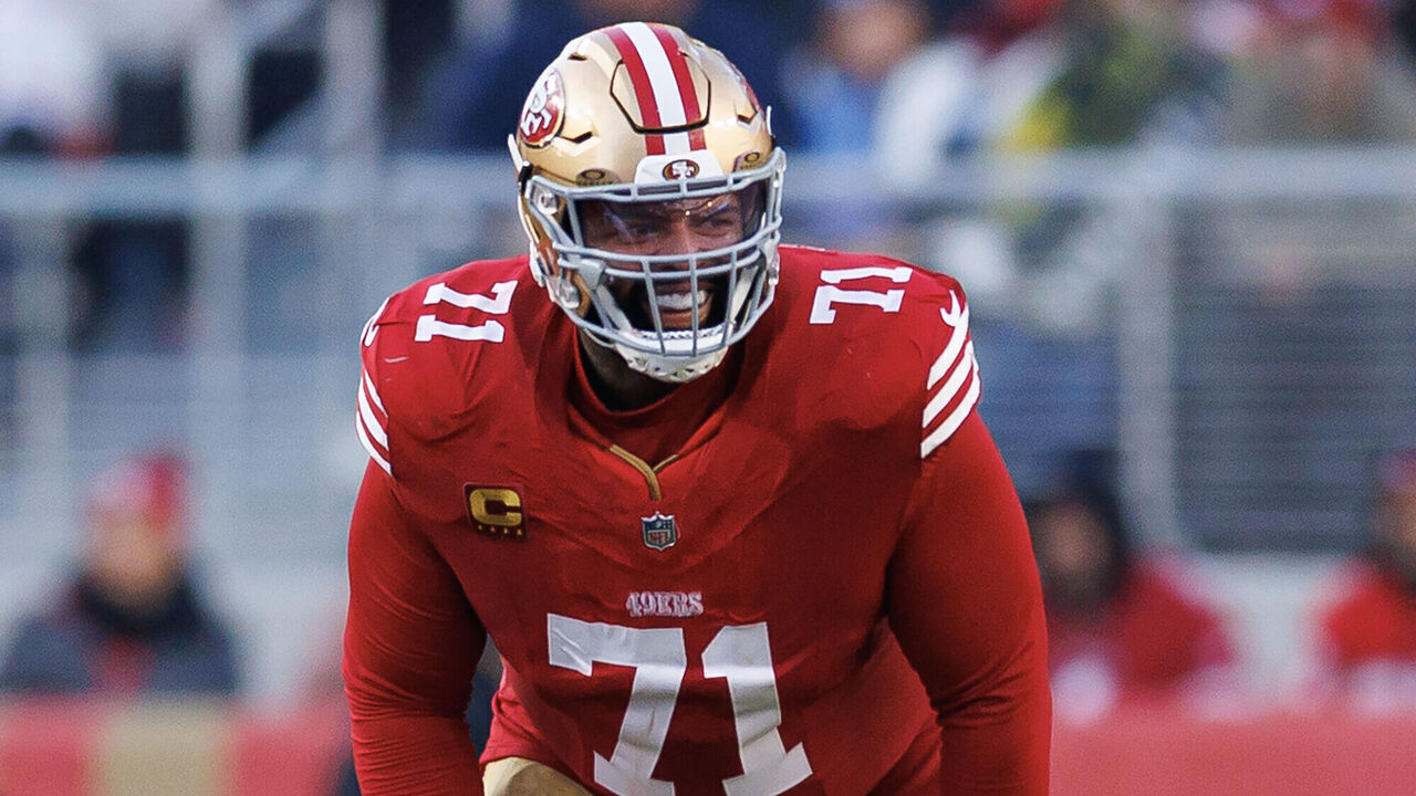 SANTA CLARA, CALIFORNIA - DECEMBER 14: Trent Williams #71 of the San Francisco 49ers gets set during the fourth quarter of an NFL football game against the Tennessee Titans at Levi's Stadium on December 14, 2025 in Santa Clara, California.