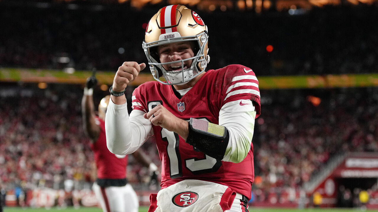 SANTA CLARA, CALIFORNIA - DECEMBER 28: Brock Purdy #13 of the San Francisco 49ers celebrates a touchdown against the Chicago Bears during the first quarter of the game at Levi's Stadium on December 28, 2025 in Santa Clara, California.