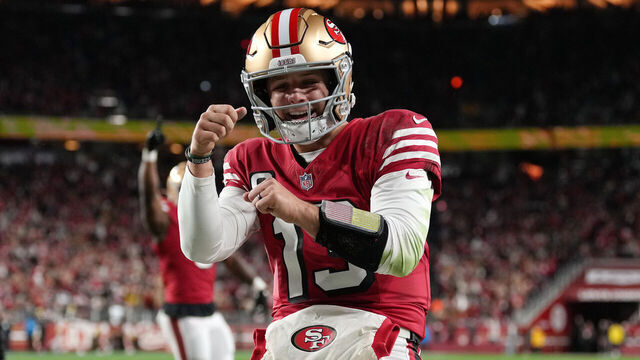 SANTA CLARA, CALIFORNIA - DECEMBER 28: Brock Purdy #13 of the San Francisco 49ers celebrates a touchdown against the Chicago Bears during the first quarter of the game at Levi's Stadium on December 28, 2025 in Santa Clara, California.