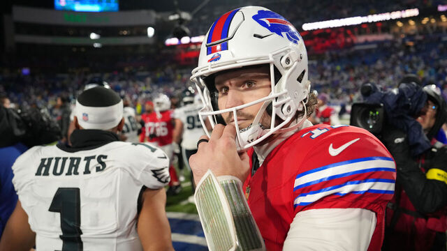 ORCHARD PARK, NEW YORK - DECEMBER 28: Josh Allen #17 of the Buffalo Bills looks on after losing to the Philadelphia Eagles in the game at Highmark Stadium on December 28, 2025 in Orchard Park, New York.