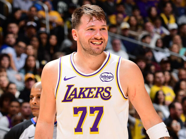 LOS ANGELES, CA - DECEMBER 28: Luka Doncic #77 of the Los Angeles Lakers smiles during the game against the Sacramento Kings on December 28, 2025 at Crypto.Com Arena in Los Angeles, California. NOTE TO USER: User expressly acknowledges and agrees that, by downloading and/or using this Photograph, user is consenting to the terms and conditions of the Getty Images License Agreement. Mandatory Copyright Notice: Copyright 2025 NBAE